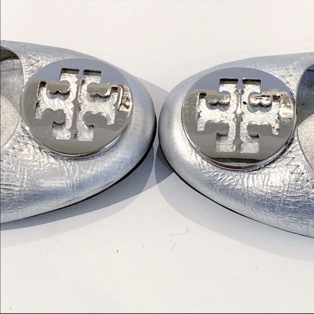 Tory Burch Silver Metallic Flats with Logo